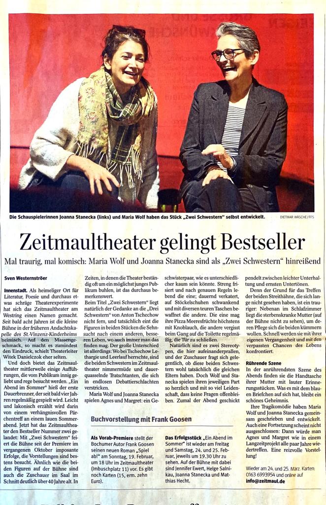 Foto eines WAZ-Artikels unter dem Titel "ZEITMAUL-Theater gelingt Bestseller"