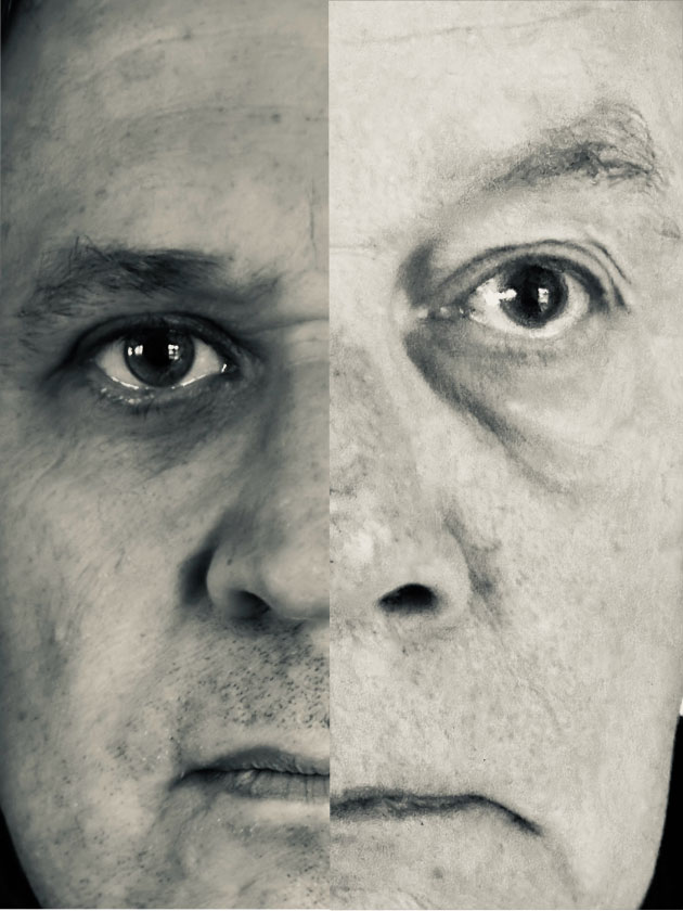 zeitmaul_koco Fotomontage aus Gesichtshälften der Musiker Eckard Koltermann und Serge Corteyn zur Ankündigung eines gemeinsamen Auftritts mit Witek Danielczok (ZEITMAUL-Theater Bochum)