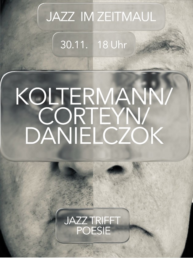 Zusammengesetztes Porträt aus zwei Gesichtshälften zur Ankündigung der Veranstaltung "Jazz trifft Poesie" mit Eckard Koltermann, Serge Corteyn und Witek Danielczok (ZEITMAUL-Theater Bochum) 