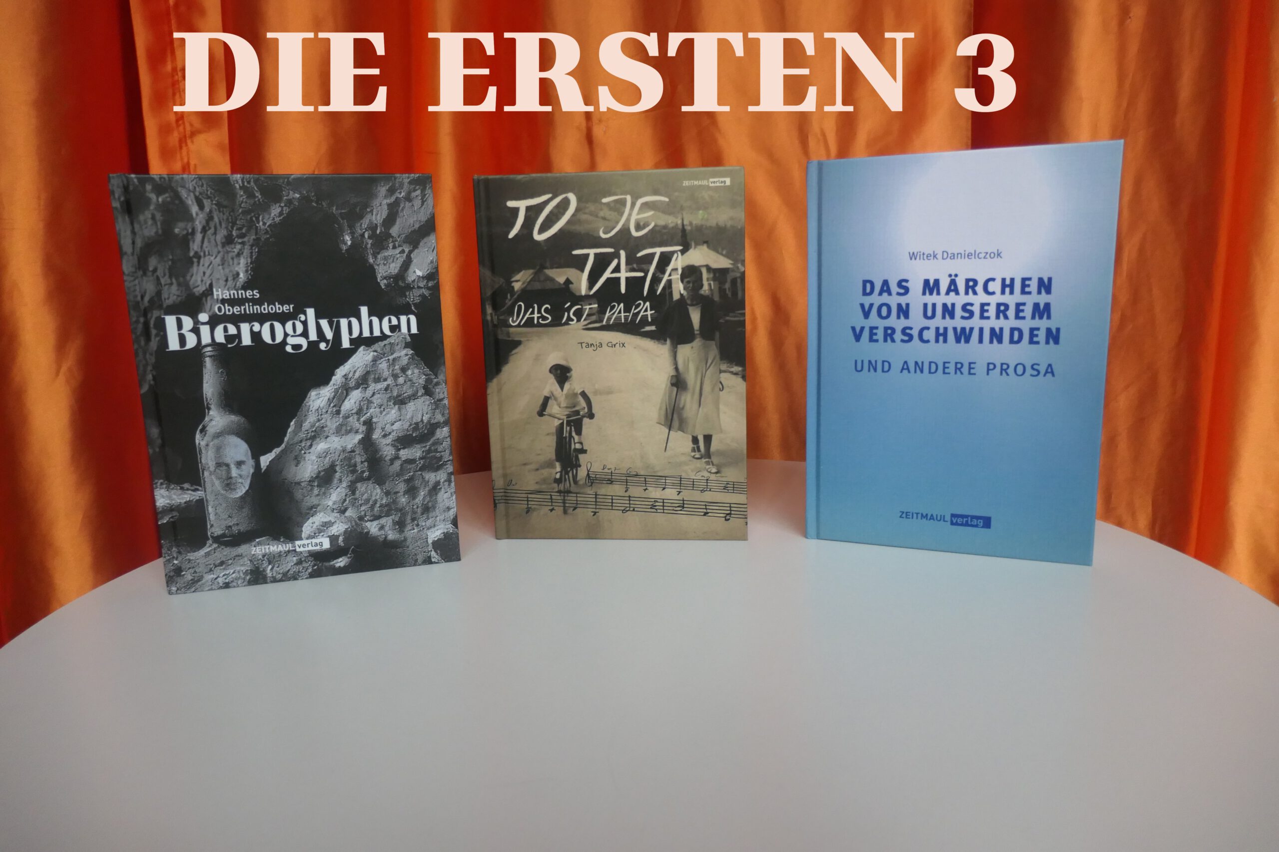 Abbildung der drei ersten Buchtitel im ZEITMAUL-Verlag zur Ankündigung einer Veranstaltung zu Verlagsentstehung und den ersten Büchern mit den Autoren und Live-Musik (ZEITMAUL-Theater Bochum)