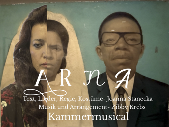 Fotocollage aus zwei halben und einem kompletten Porträt zur Ankündigung des Kammermusicals "Arna" (ZEITMAUL-Theater Bochum)