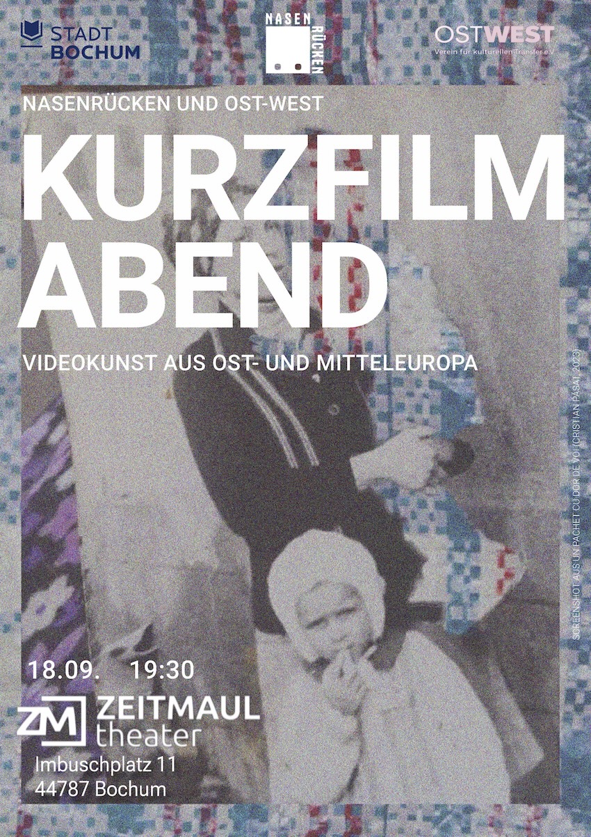 Plakat zur Ankündigung eines Kurzfilmabends zu Videokunst aus Ost- und Mitteleuropa (ZEITMAUL-Theater Bochum)